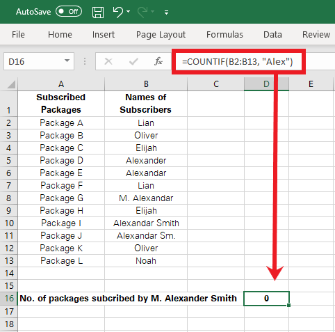 Excel has counted the values containing the text ‘Alex’