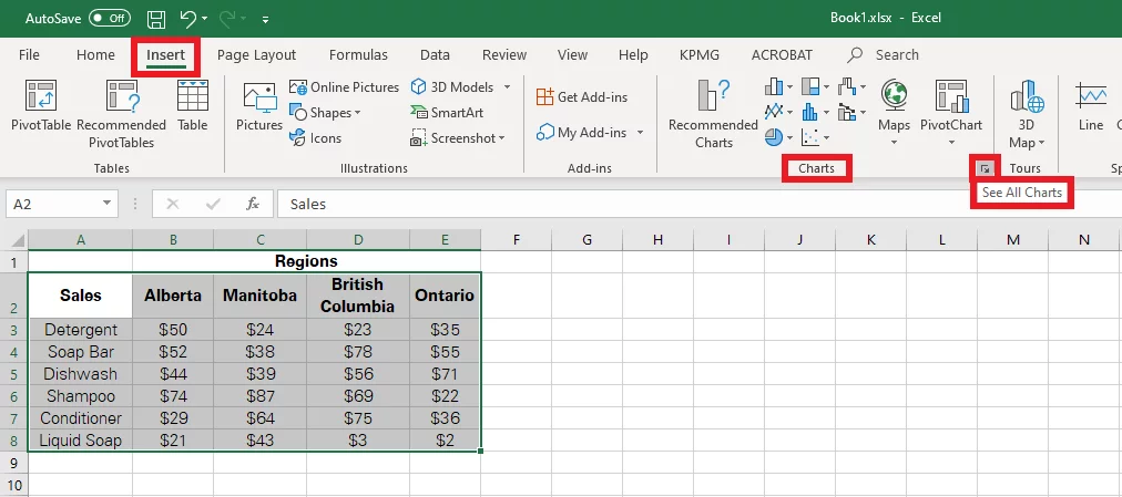 Using the Insert tab to create a stacked column chart