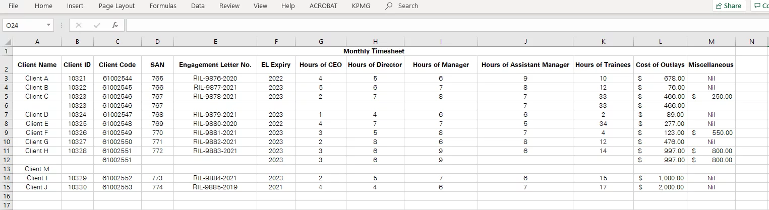 Monthly timesheet of a business