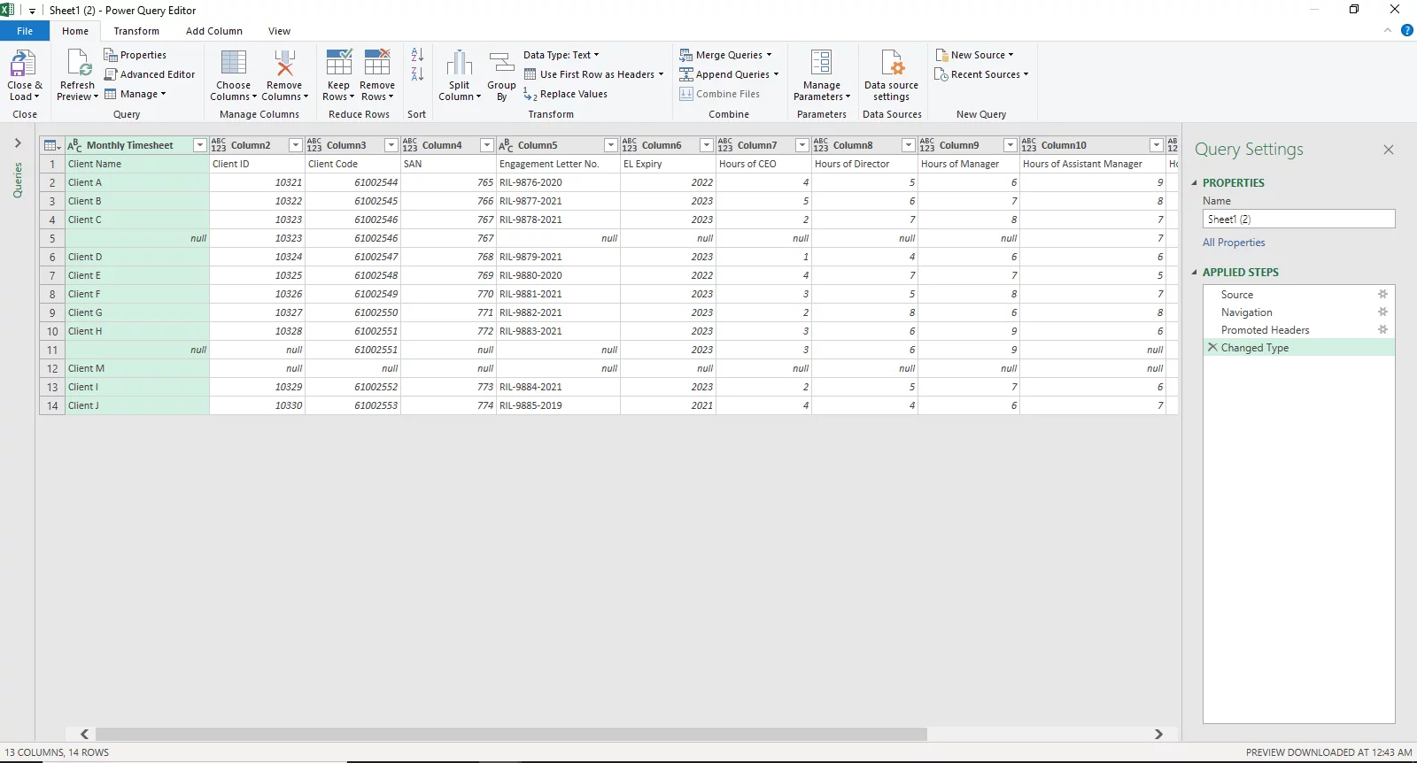 Data imported to Power Query