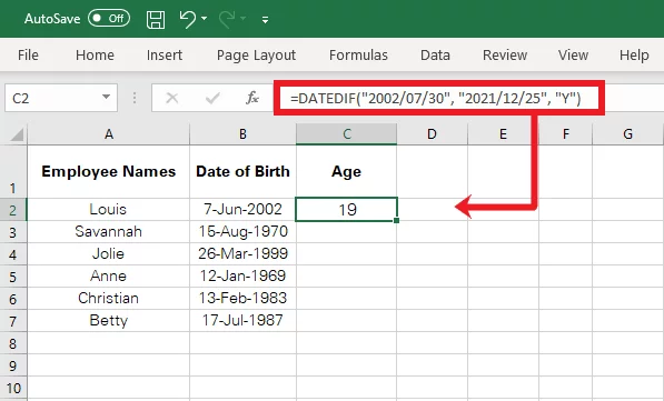 Age calculated in terms of years by using dates as text strings