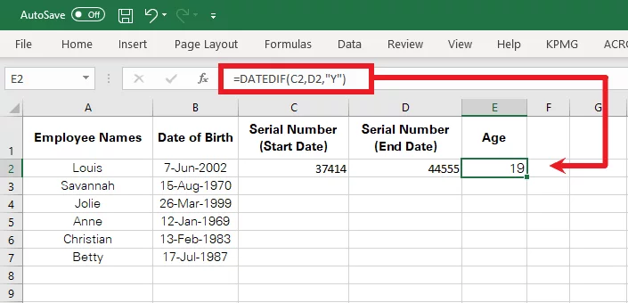 Age calculated in terms of years by using dates as serial numbers