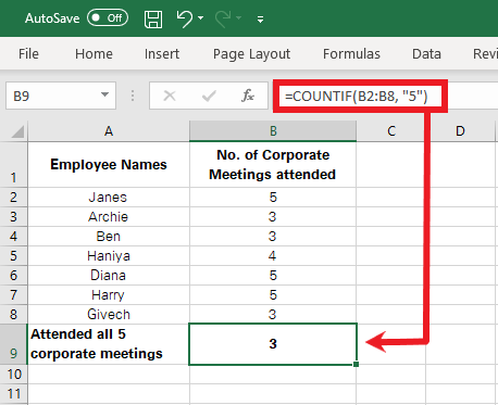 Counting the number of employees who attended five corporate meetings using the COUNTIF function