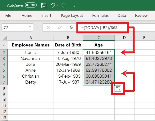 Using the Fill Handle to instantly calculate the age of all employees