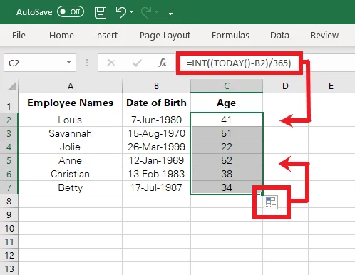 Using the INT function to round down the age to the nearest integer