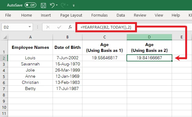 Using the YEARFRAC function to find age using Basis as 2