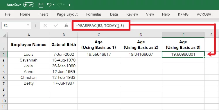 Using the YEARFRAC function to find age using Basis as 3