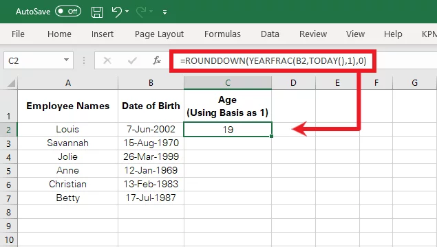 Using the ROUNDOWN Function to round down the age to the nearest integer
