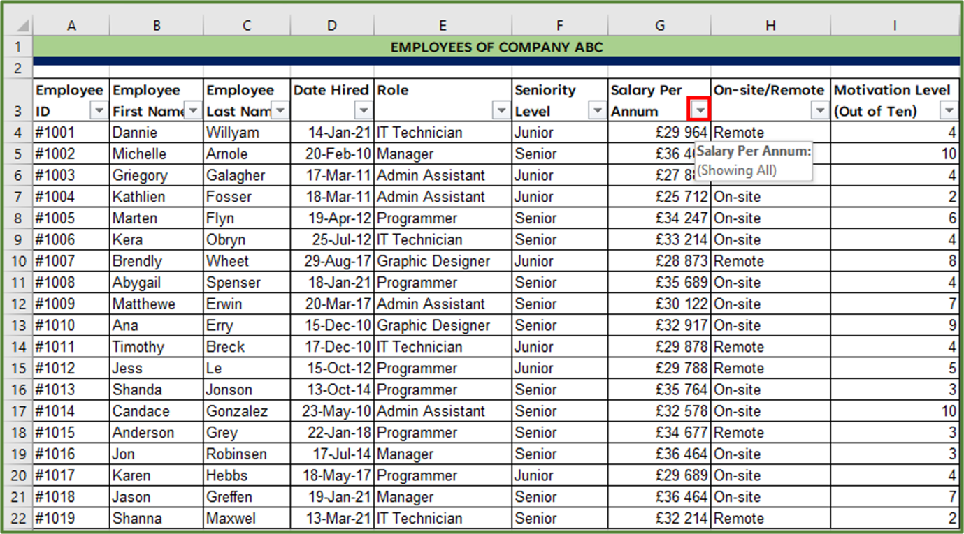 Screenshot showing the arrow on the Salary Per Annum column highlighted.