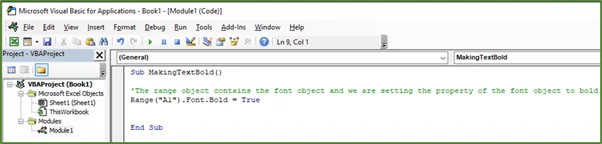 Screenshot showing the comment in green and the code to change the text to bold.
