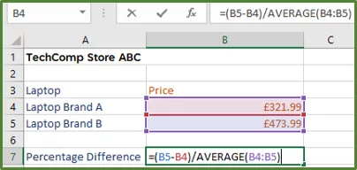 Screenshot showing the formula for the percentage difference calculation.