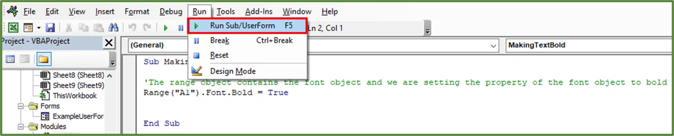 Screenshot showing the Run Sub/UserForm option in the Run Tab highlighted.