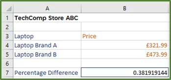 Screenshot showing the result of the formula in cell B7.
