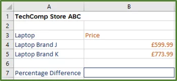 Screenshot showing the source data for the percentage difference complex example.