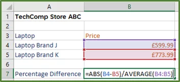 Screenshot showing the percentage difference formula which includes the ABS Function and the AVERAGE Function entered into cell B7.
