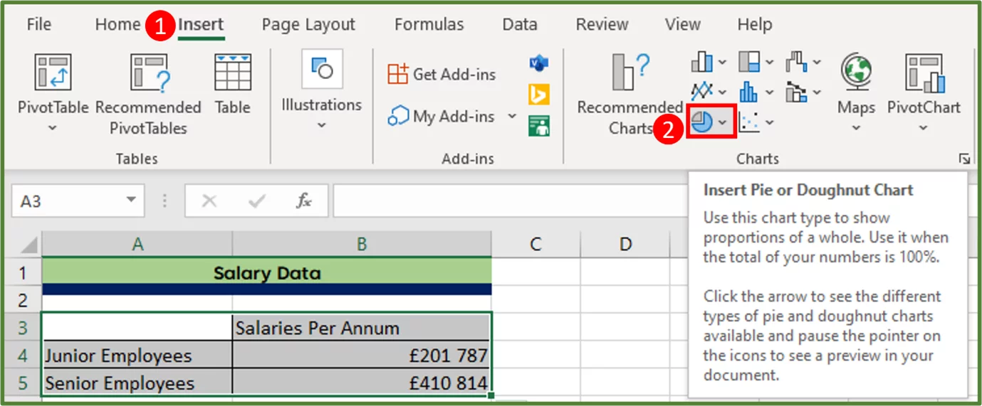 Screenshot showing the Insert Tab and the Pie Chart button highlighted.