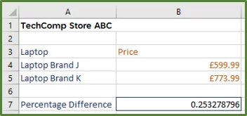 Screenshot showing the result of the formula in cell B7.