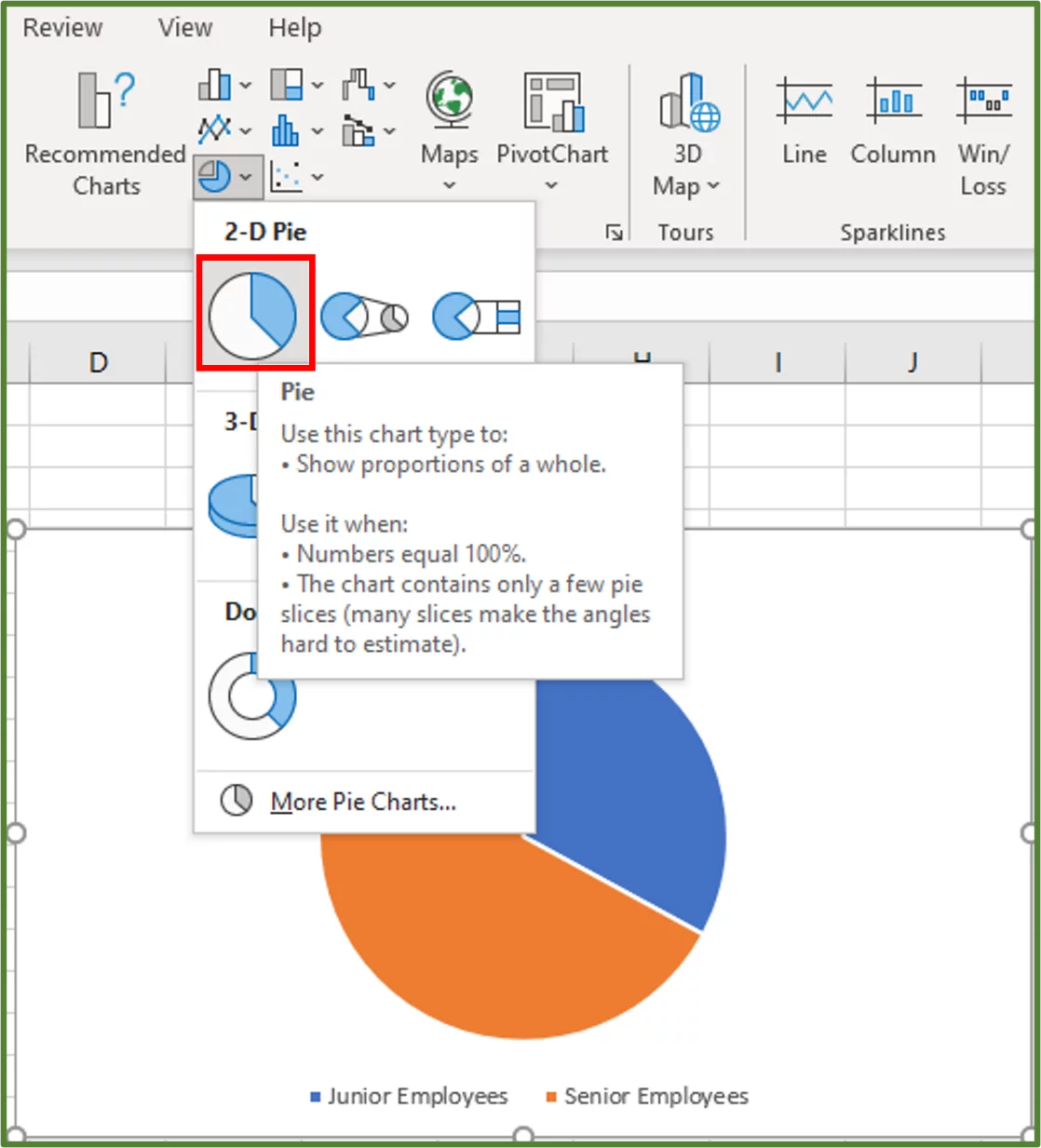 Screenshot showing the 2-D Pie Chart option highlighted.