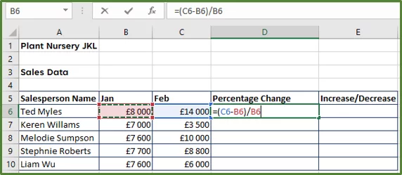 Screenshot showing cell D6 with the formula for percentage change being entered.