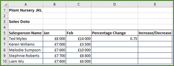 Screenshot showing the percentage change formula in cell D6.