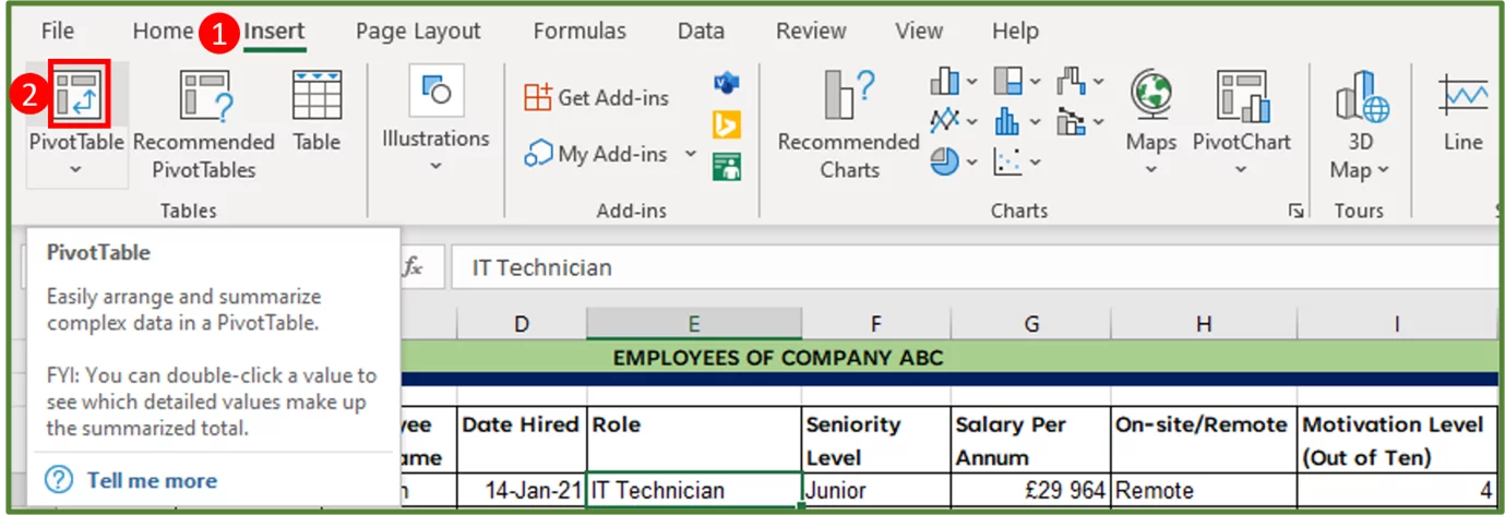 Screenshot showing the PivotTable option highlighted.
