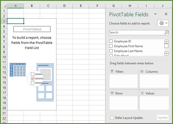 Screenshot showing the PivotTable without any fields added.