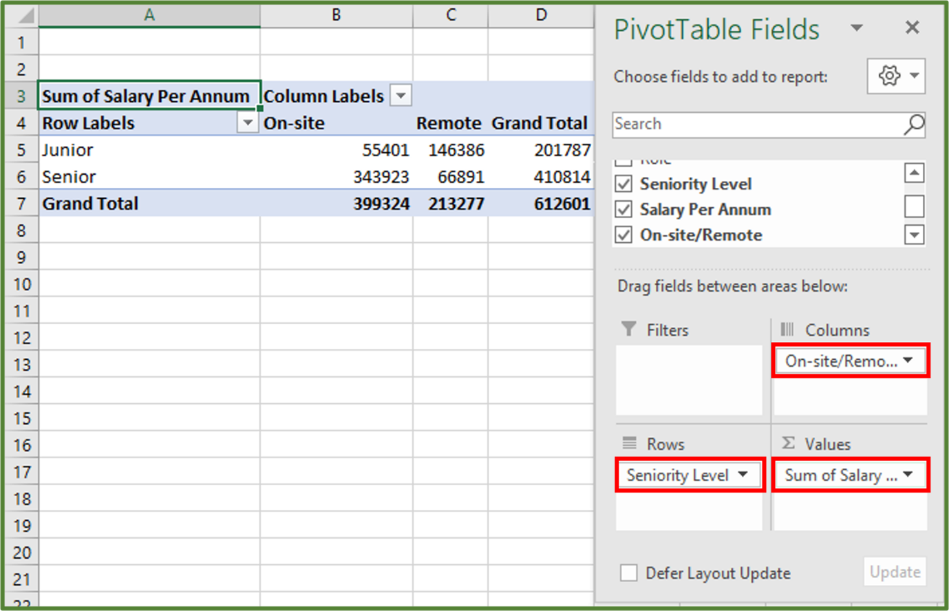 Screenshot of the Pivot Table showing the fields added and highlighted.