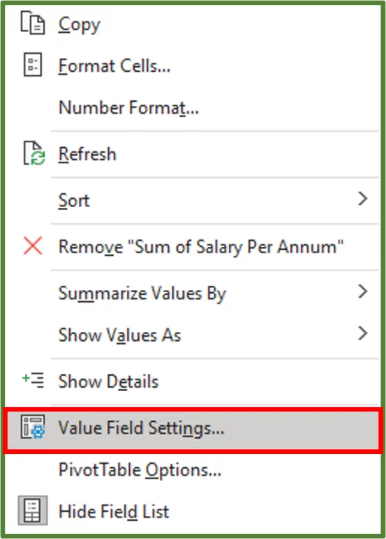 Screenshot showing the Value Field Settings... option highlighted.