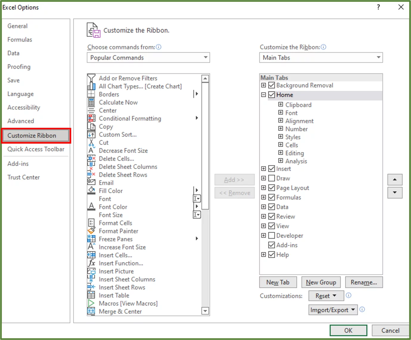 Screenshot showing the Customize Ribbon option highlighted.