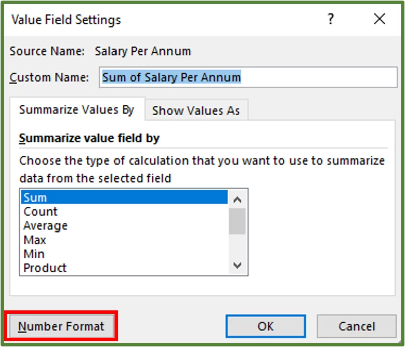 Screenshot showing the Value Field Settings Dialog Box with the Number Format button highlighted.