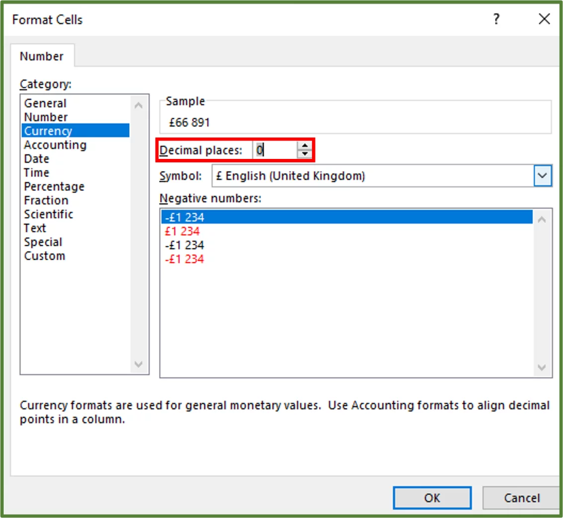 Screenshot showing the Format Cells Dialog Box with decimal places highlighted.