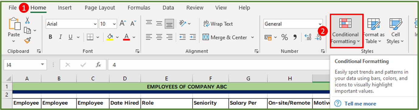 Screenshot showing the Conditional Formatting option, in the Styles Group on the Home Tab highlighted.