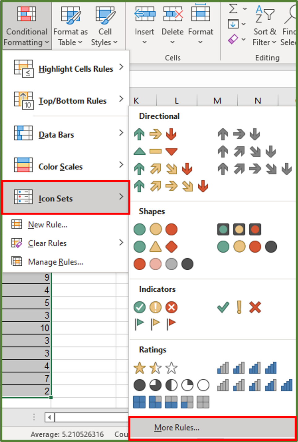 Screenshot showing Icon Sets and More Rules... highlighted.