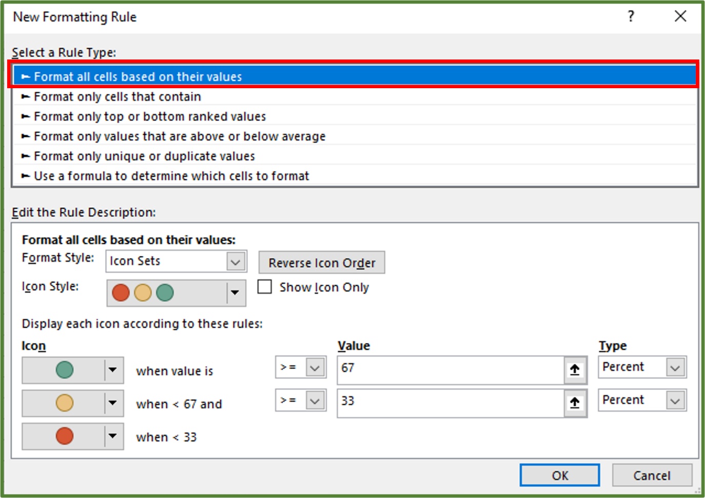 Screenshot showing the Format all cells based on their values option highlighted.