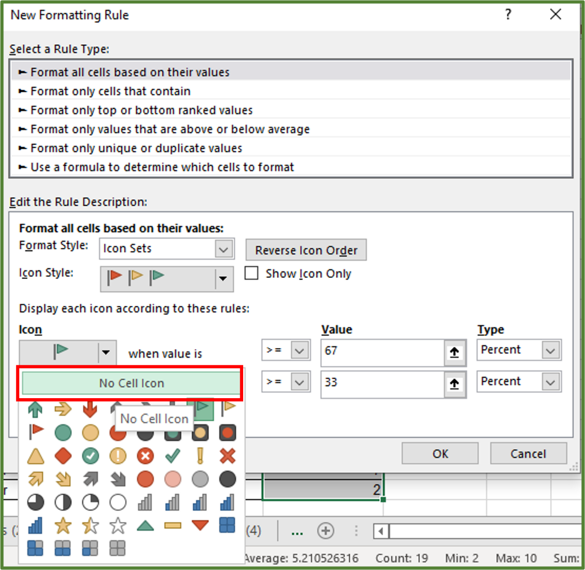 Screenshot showing the No Cell Icon option highlighted.