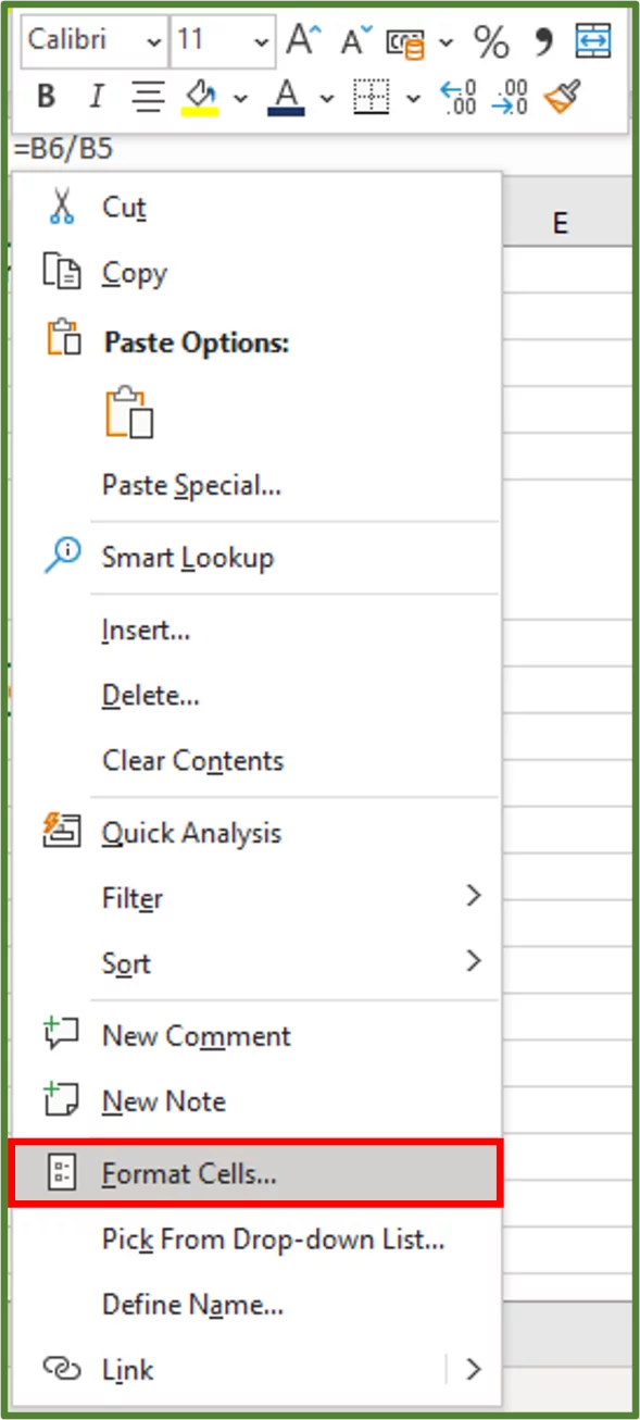 Screenshot showing the Format Cells...option highlighted.