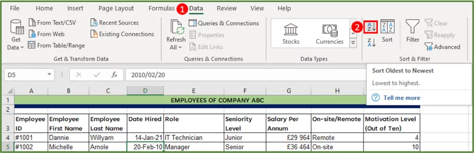 Screenshot showing the Ascending Sort button in the Sort & Filter Group on the Data Tab, highlighted.