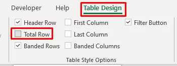 Shows where to find the Total Row button