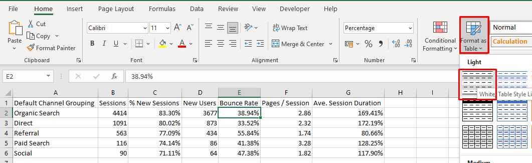 Highlights the format as table button in the home tab