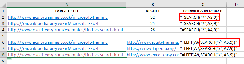 Shows how you can isolate a domain name using LEFT and SEARCH