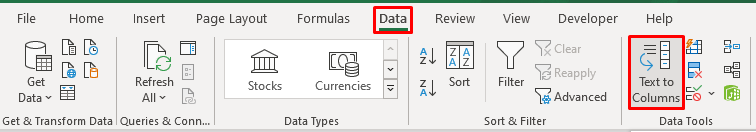 Shows where to find the Text To Columns button in the Data tab