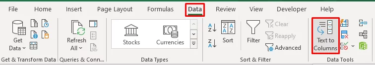 Shows where to find the Text To Columns button in the Data tab