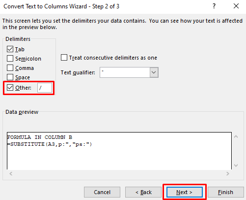 Shows how to tell excel what splits your data up ( / )