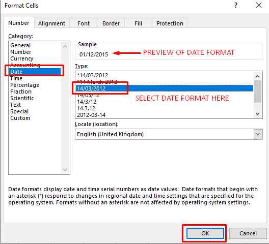 Format Cells dialog box with key information highlighted