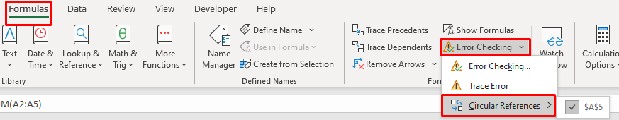 Shows where to find the error checking circular references options