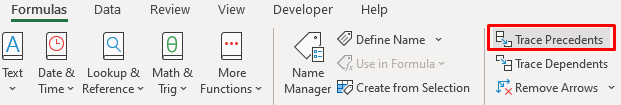 Trace precedents option in the Formula tab