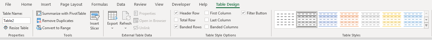 Shows the entire Table Design tab