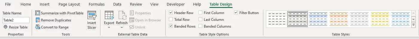 Shows the entire Table Design tab