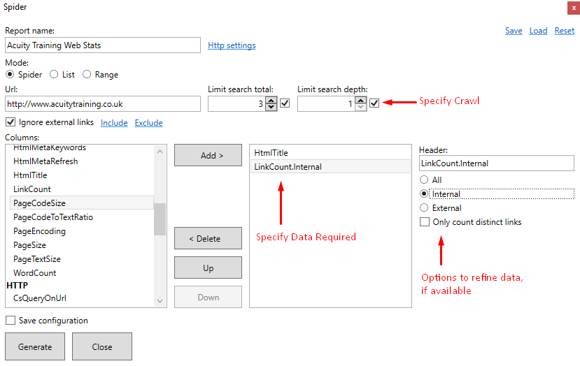 Shows the spider dialog box