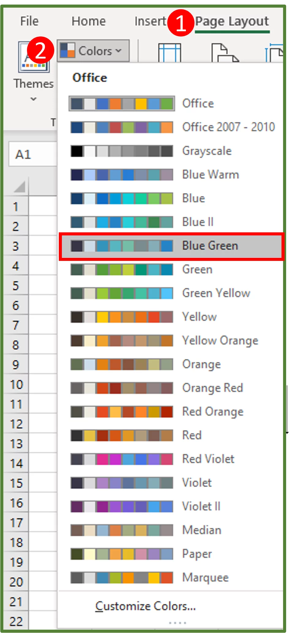 Screenshot showing the Blue Green Palette highlighted.